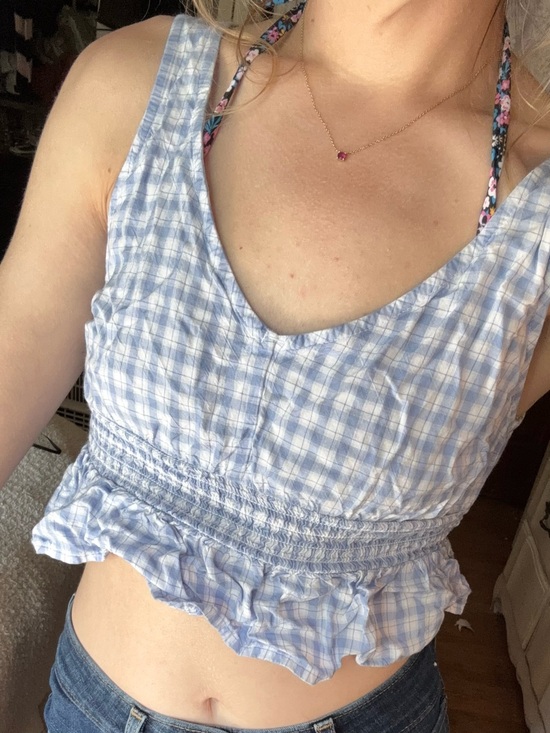 Hollister Tops - Hollister Light Blue and White Plaid Smocked Crop Top